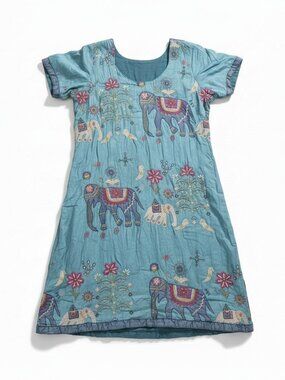 Artisan Indian Embroidered Elephant Boho Midi Dress Blue